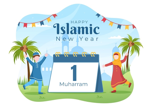 Islamic New Year Day or 1 Muharram Vector Background Illustration of Muslim Family Celebrating