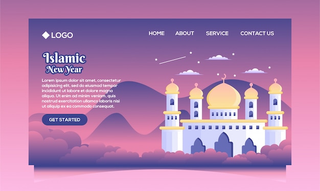 Islamic New Year Landing Page with Flat Mosque Vector