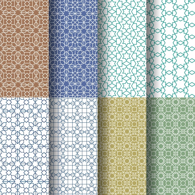 Vector islamic ornamental flat linear arabic pattern collections seamless patterns set geometric style