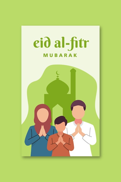 Islamic people illustration style greeting holiday eid al Fitr mubarak poster and social media post