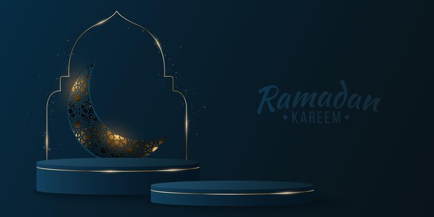 Islamic podium for Ramadan Kareem Glowing moon of traditional arabic ornament 3d pedestal with golden arc Minimal muslim scene Eid Mubarak Vector illustration