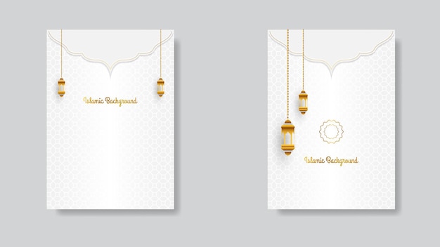 Vector islamic poster design in white and gold with realistic decoration vector illustration