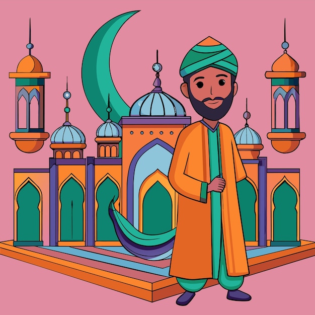 Vector islamic ramadan celebration iftar party hand drawn mascot cartoon character sticker icon concept