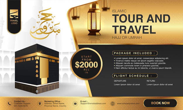 Islamic Ramadan Hajj & Umrah Brochure or Flyer Template Background Design With praying hands and mecca Illustration in 3D realistic design.