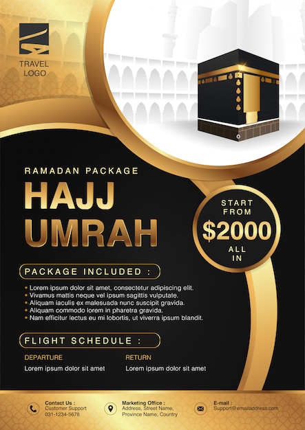 Islamic Ramadan Hajj & Umrah Brochure or Flyer Template Background Design With praying hands and mecca Illustration in 3D realistic design.