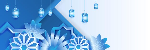 Islamic ramadan kareem banner background with crescent pattern moon star mosque lantern Vector illustration Ramadhan blue colorful wide banner design background