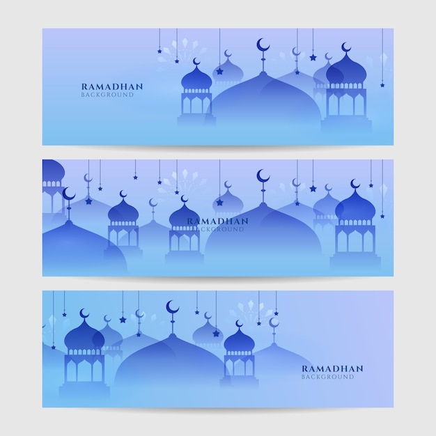 Islamic ramadan kareem banner background with crescent pattern moon star mosque lantern Vector illustration Ramadhan colorful wide banner design background