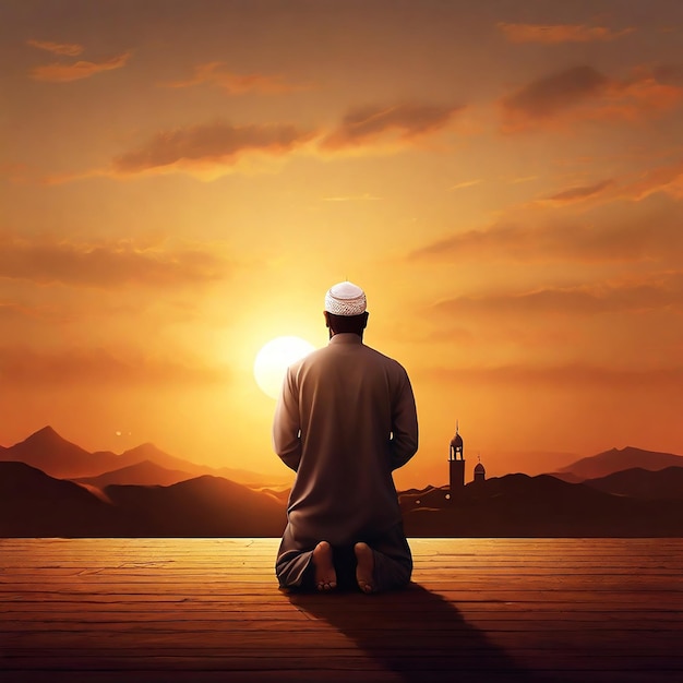 Islamic religion banner template A Muslim man is facing the sunset and praying namaz