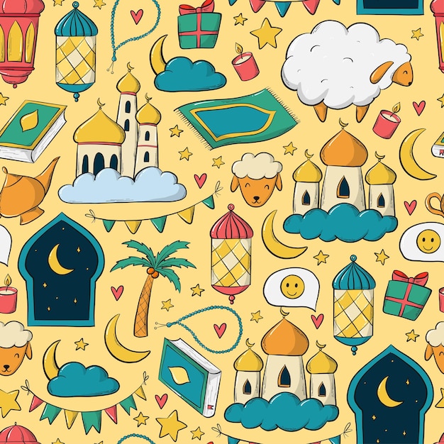 Islamic seamless pattern with hand drawn doodles for Eid al Adha for wallpaper prints