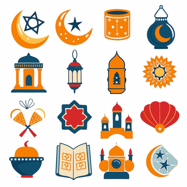 Vector islamic symbols crescent moon star mosque lantern and more