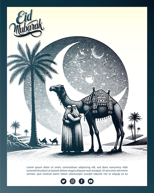 Vector islamic tradition sketches in vintage engraving style poster vector illustration eid mubarak design