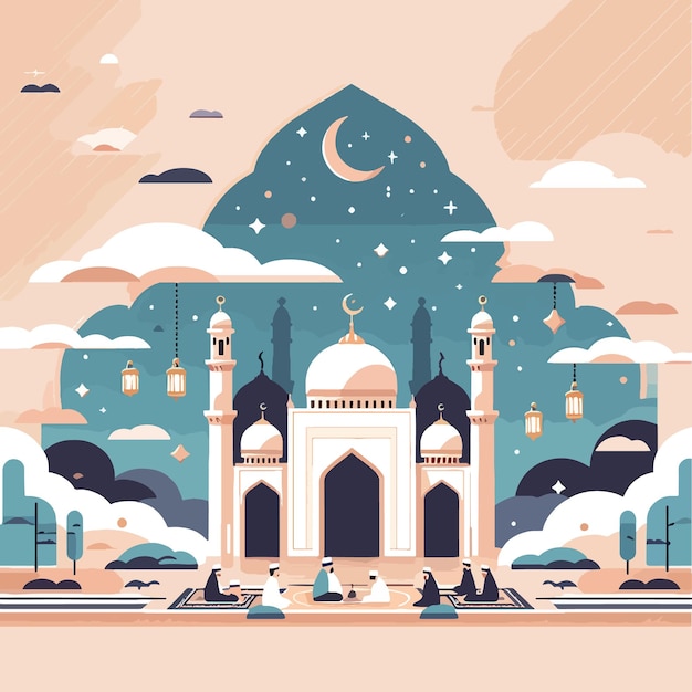 Islamic wallpaper colorful illustration of a mosque with a blue and pink background