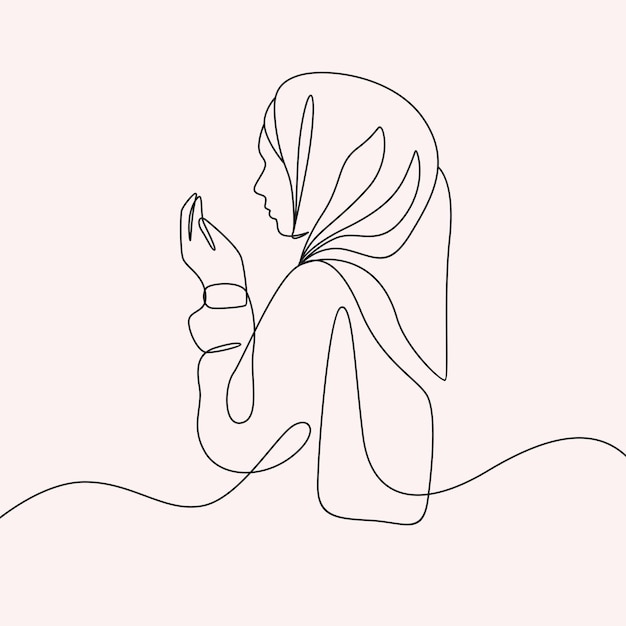 Islamic woman praying in continuous line art style