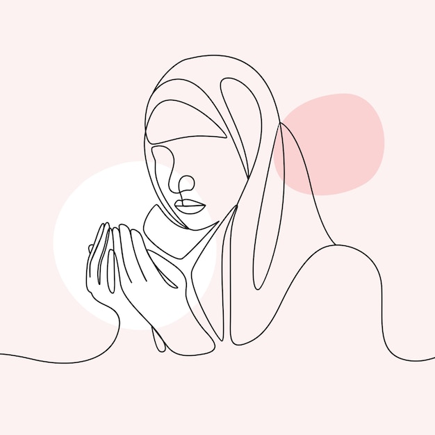 Islamic woman praying in continuous line art style