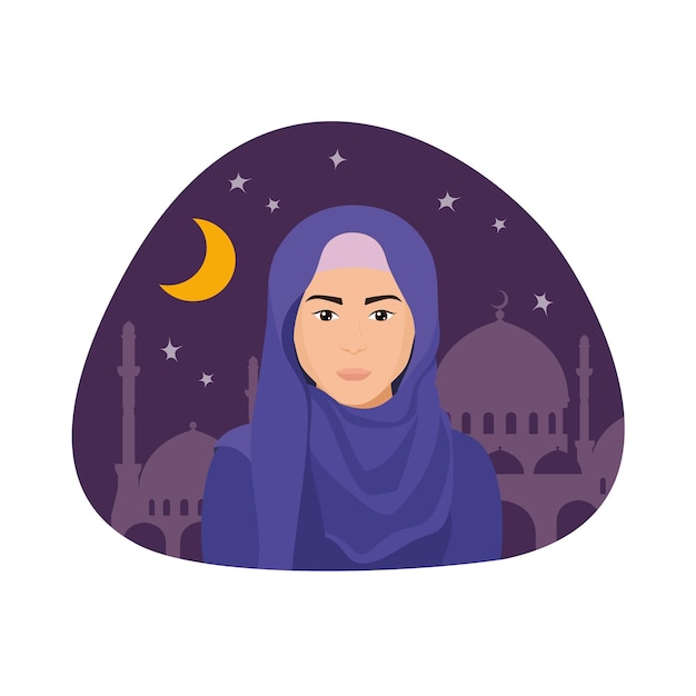 Islamic woman wearing hijab Night landscape with mosque Flat vector illustration isolated on white background