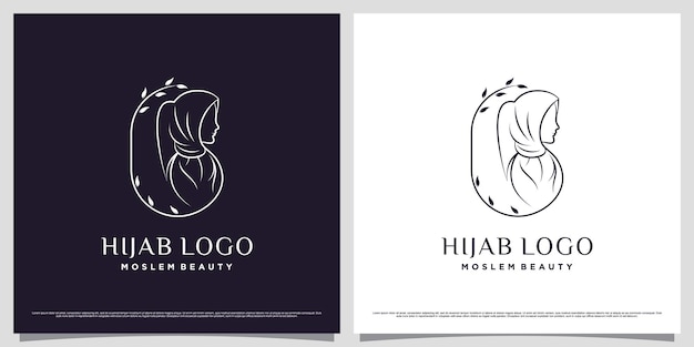 Islamic women logo design template wearing hijab with line art style and leaf element concept