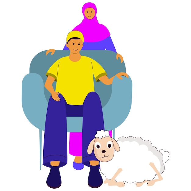 Islamic Young Woman Standing Behind Man Sitting At Sofa And Cartoon Sheep On White Background