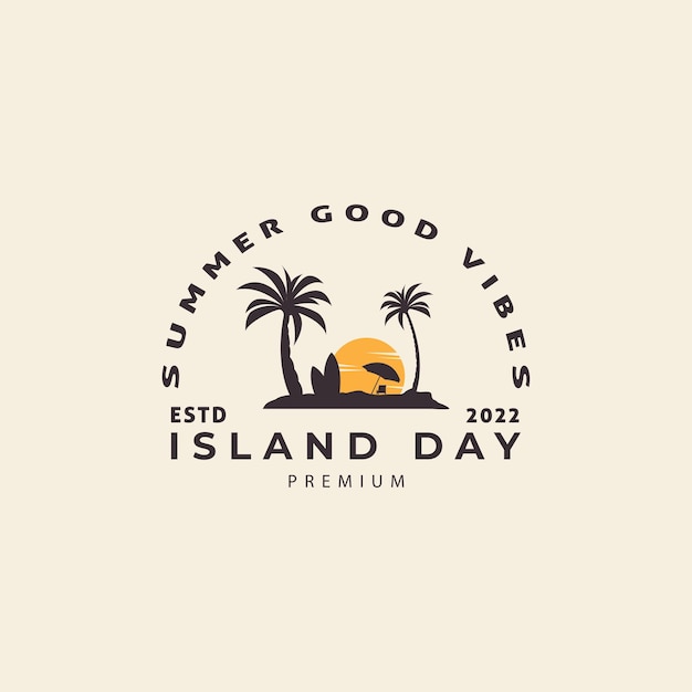 Island and beach coconut tree holiday with retro style logo vector symbol illustration design