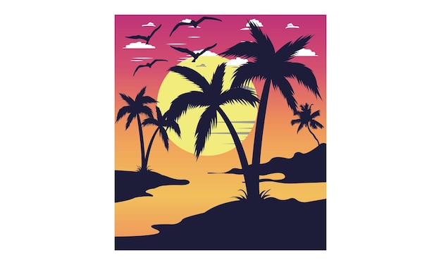 Island Natural Summer Sunset vector and Illustrations Design. Background with digital illustration.