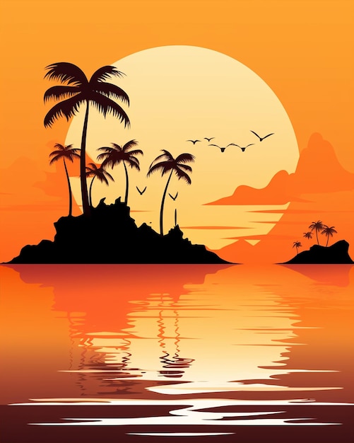 Vector island and sea silhouette with palm trees