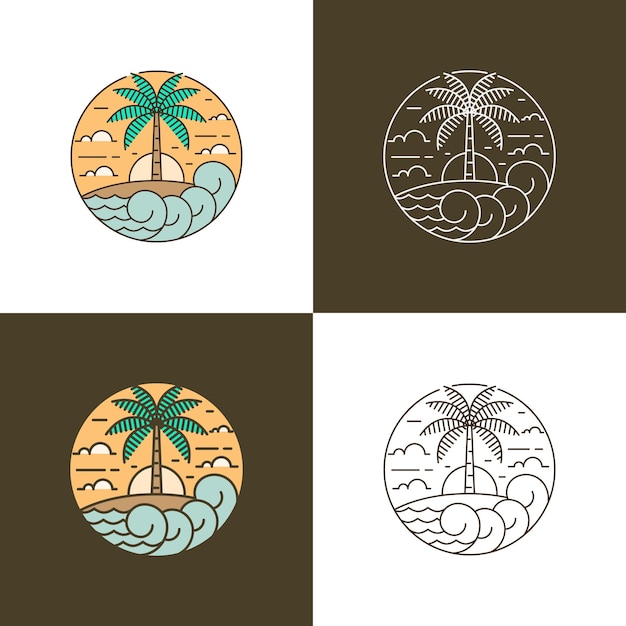 Vector island and wave monoline or line art style