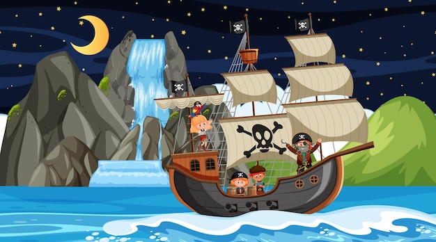 Vector island with pirate ship at night scene in cartoon style