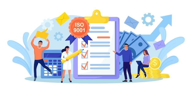 ISO 9001 quality management system and international certification. Tiny business people passed standard quality control. Document standardization industry