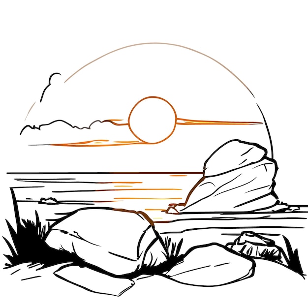 isolated artwork Climping Rocks in digital painting style sunset rocks and clouds white background