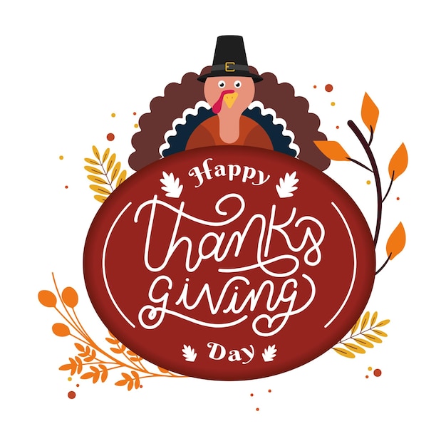 Vector isolated badge with autumn leaves and turkey happy thanksgiving day vector