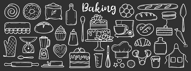 Isolated baking set Cute hand drawn kitchen tools and baked goods with desserts white outline