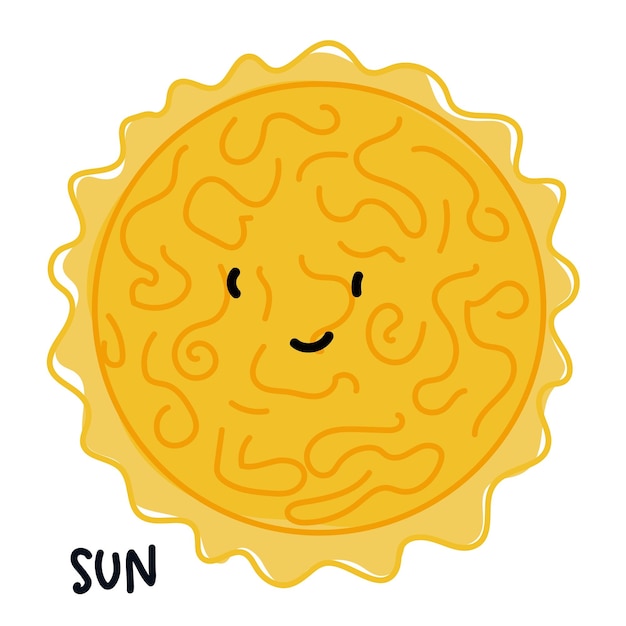 Isolated big yellow sunny face with rays and lines on it like bubbling lava Cartoon vector