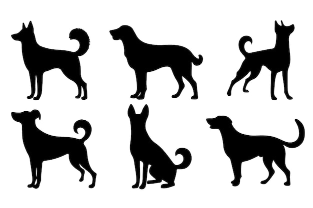 isolated black silhouette of a dog collection Set of dog silhouette vector Dogs and puppies in different breed corgi golden retriever poses sitting standing jump