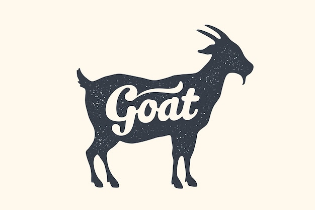 Isolated black silhouette goat with text lettering on white background