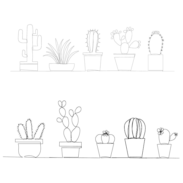 Isolated cactus in a pot drawing in one continuous line set