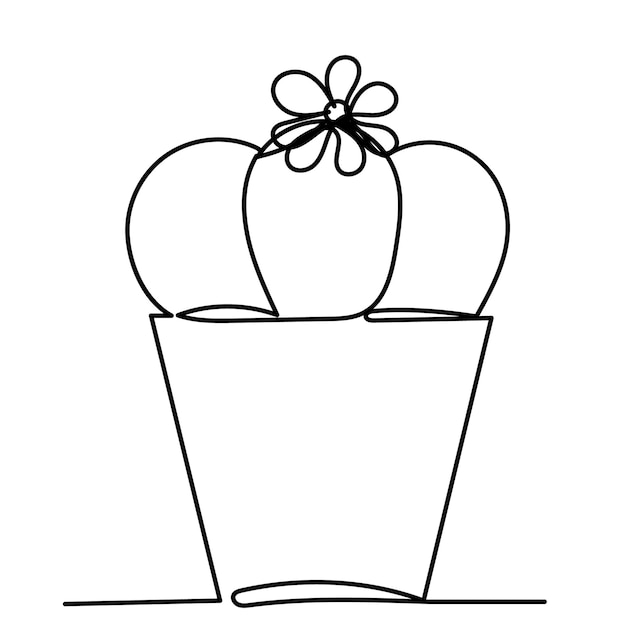 Isolated cactus in a pot drawing in one continuous line sketch