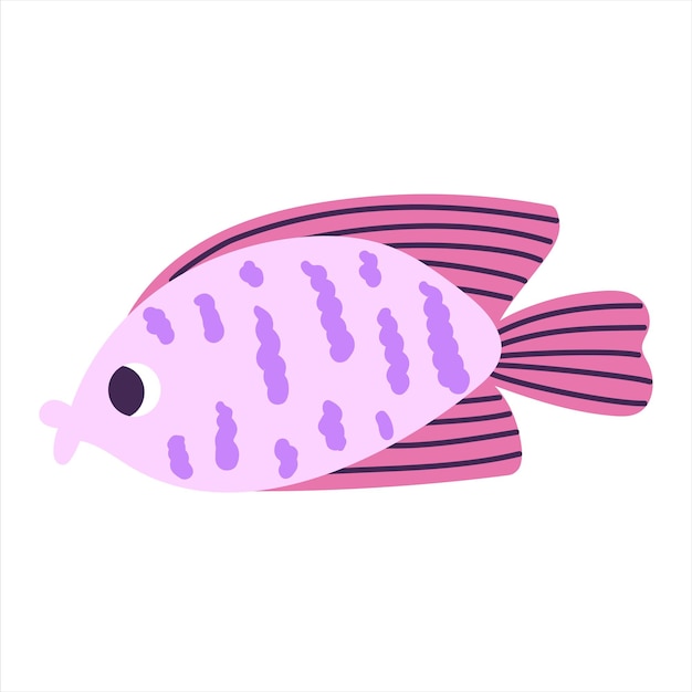 Vector isolated cartoon purple pink marine fish with blobs in hand drawn flat style on white background