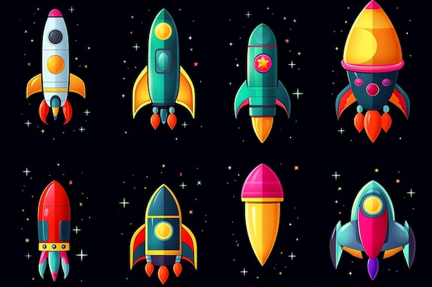 Isolated Cartoon Space Ships and Rockets