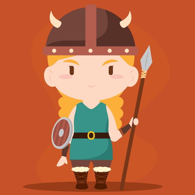 Isolated cute chibi female viking character Vector illustration