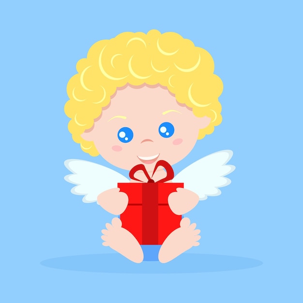 Isolated cute cupid boy in cartoon flat style in sitting pose with red gift