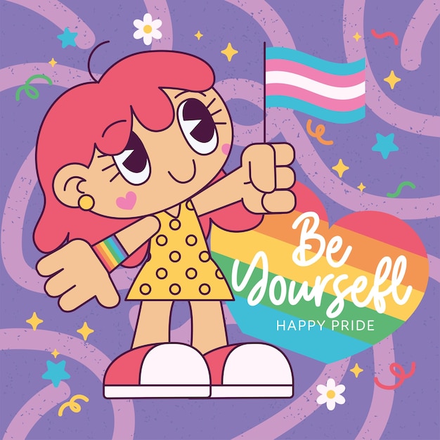 Isolated cute girl chibi character holding a flag Proud month Vector