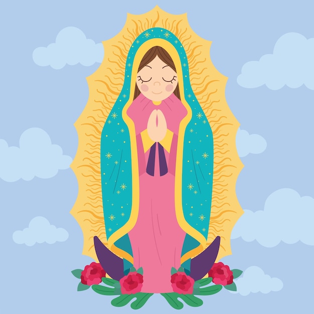 Isolated cute virgin mary character with flora ornaments Vector