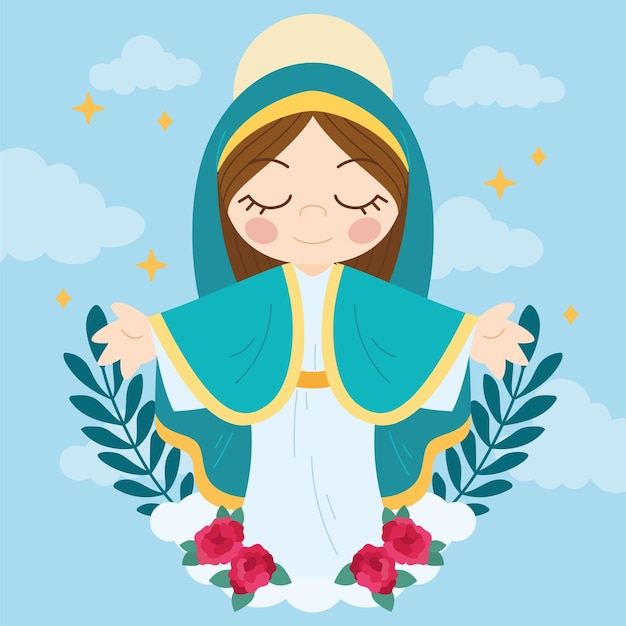 Isolated cute virgin mary character with flora ornaments Vector