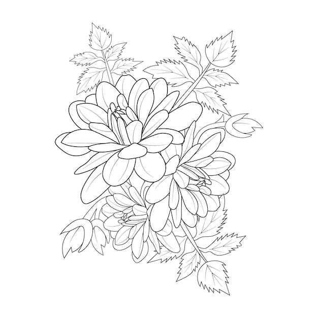 Isolated Dahlia Flowers in black and white. Doodle art for coloring book Zntangle illustration