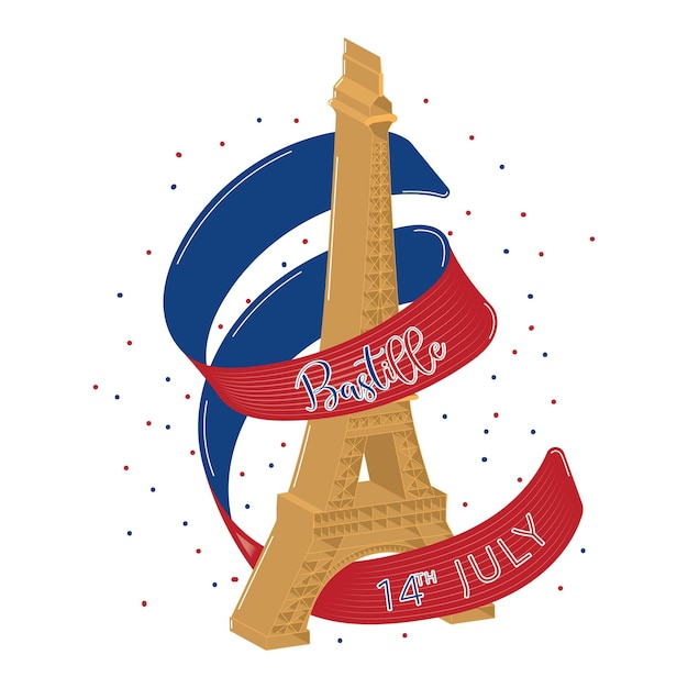 Isolated eiffel tower building landmark with a ribbon Bastille day Vector