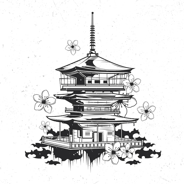 Isolated emblem with illustration of japanese temple