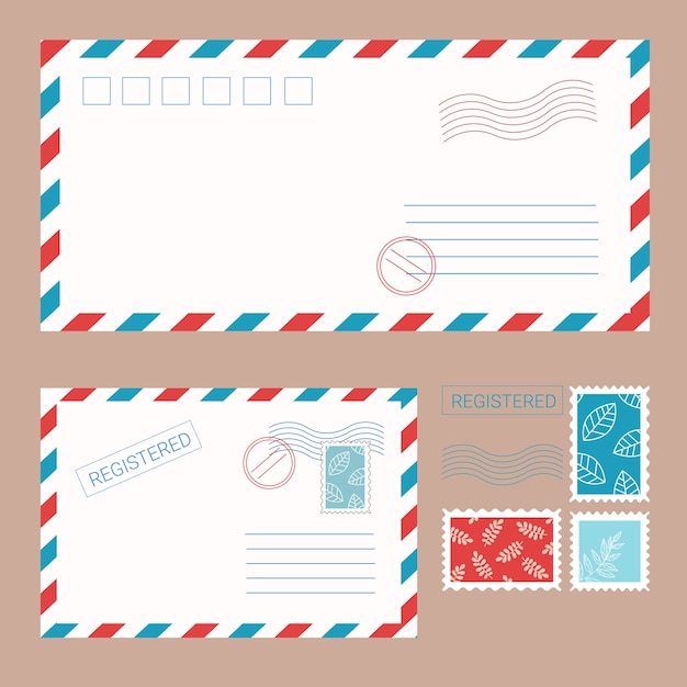 Isolated envelopes with stamps and seals in flat style