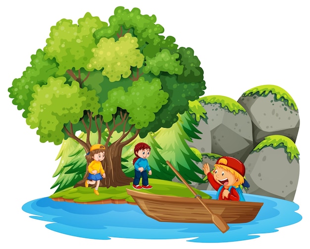 Isolated forest island with children cartoon character