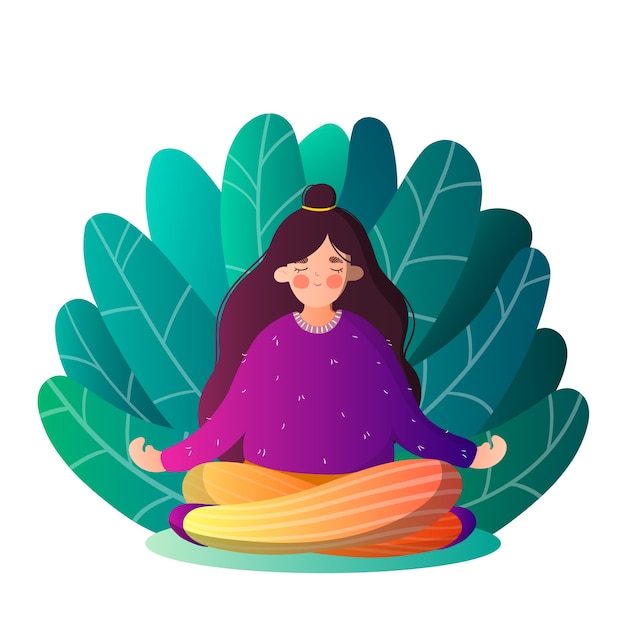 Isolated girl in yoga pose in the leaves in Cartoon style