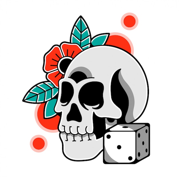 Isolated illustration with skull flower and dice.