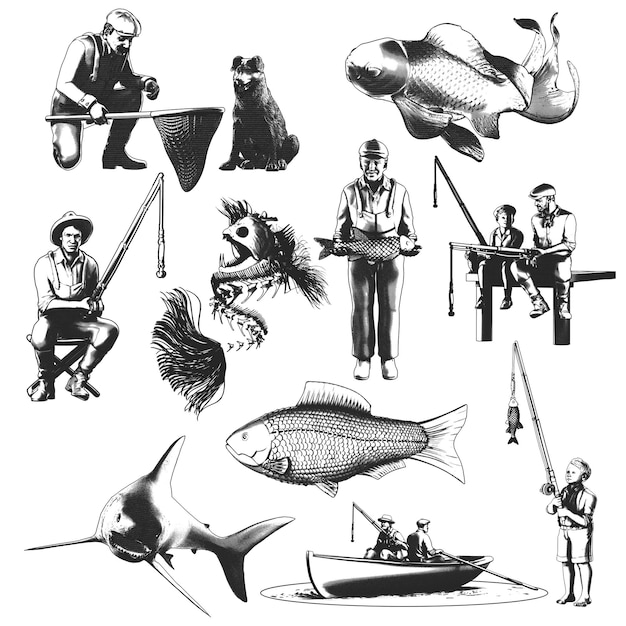 Isolated illustrations set of fishermans and fishes